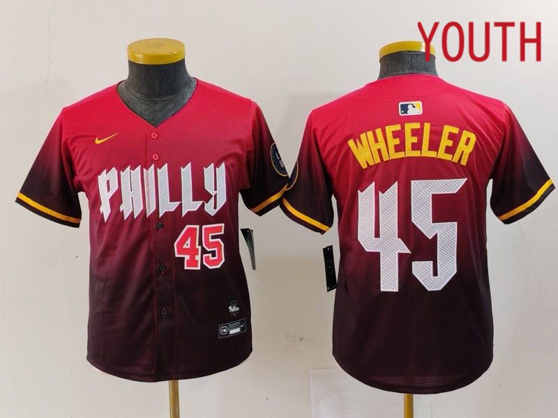 Youth Philadelphia Phillies #45 Wheeler Red City Edition 2024 Nike MLB Jersey style 2->youth mlb jersey->Youth Jersey